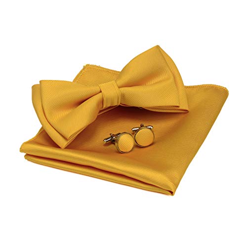 Image of GUSLESON Mens Solid Color Two Layer Pre-tied Bow Tie and Pocket Square Cufflink Set with Gift Box