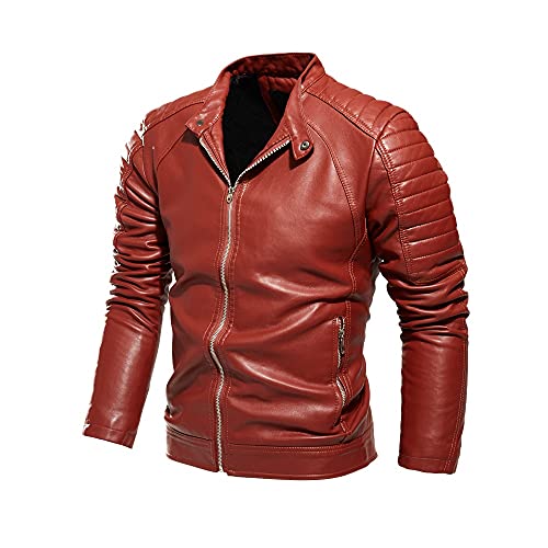 Stand Collar Leather Men’s Jacket Casual Faux Leather Motorcycle Jacket Outerwear Coat with Zipper Pockets