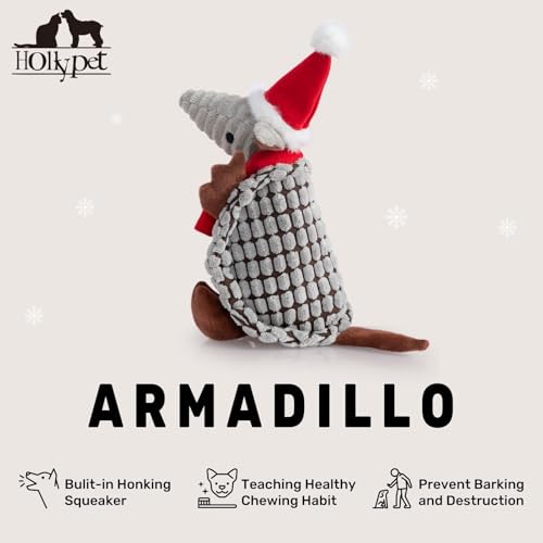 Image of Hollypet Plush Dog Squeaky Toy Stuffed Armadillo Animal Pet Puppy Chew Toys with Clean Teeth for Small Medium Large All Breed Sizes Dogs, Christmas Gray, 8 in