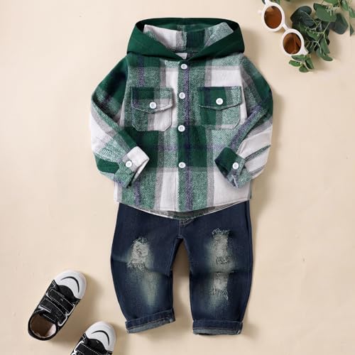 Image of Toddler Baby Boy Fall Winter Clothes Long Sleeve Plaid Hooded Sweatshirt Ripped Holes Jeans Set 1-5 Years Old