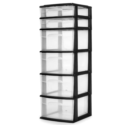HOMZ Drawer Tower, 6-Tier Clear Plastic Storage Organizer Cart, Black Frame - Heavy-Duty Organizing...