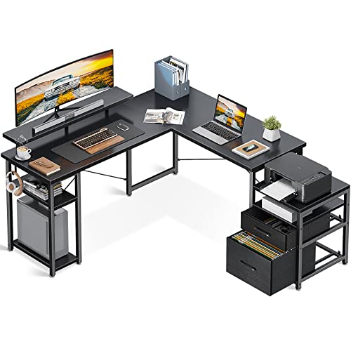 ODK Schreibtisch L Form mit Ablageschrank, Eckschreibtisch mit Regal und CPU-Ständer, Computertisch mit Monitorablage, Großer Schreibtisch, Schwarz Cover