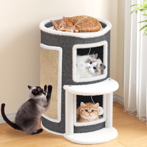 Bertifive 2-stöckige Katzenhöhle Katzenfass, Katzenhaus mit Kratzbrett für Indoor-Katzen,Kratzbaum Klein mit Plattform, Katzenbett Höhle...