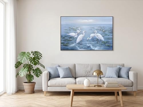 Eonzeun 30×45 Inch Hand Painted Egret Oil Painting on Canvas, Large Framed Wall Art, Modern Neutral Nature Artwork for Living Room Bedroom - Image 6