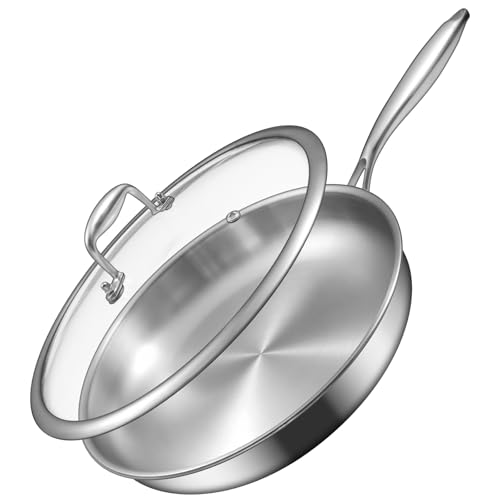 EWFEN 12 Inch Tri-Ply Stainless Steel Frying Pan, Compatible with