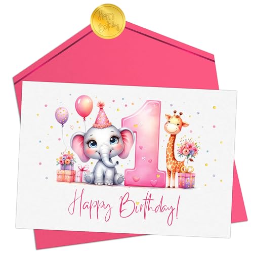 Joli Coon Carte d'Anniversaire fille 1 an - Premium Happy Birthday Carte Joyeux Anniversaire pour enfants - Carte avec enveloppe et autocollant sceau doré
