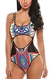 Ekouaer Women Padded Hollow Out Keyhole Print One Piece Swimsuit Swimwear, Black1, X-Large