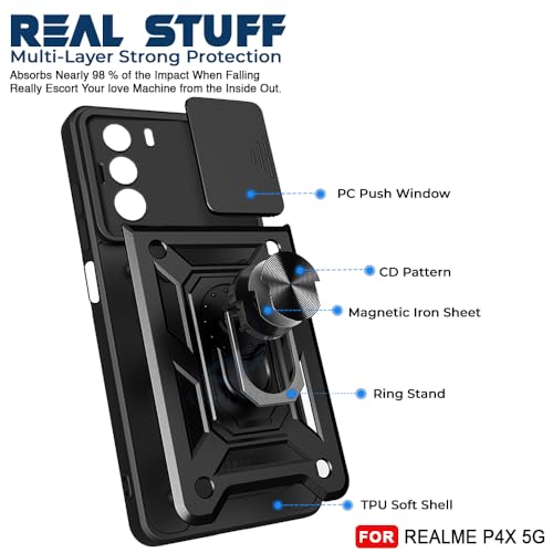 Image of AESTMO Tough Armor Realme P4X 5G Bumper Back Case Cover | Ring Holder & Sliding Camera Shield Cover | 360 Degree Protection Back Case Cover for Realme P4X 5G (Armor Black)