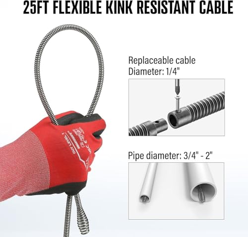 22V Electric Cordless Drain Auger, 25Ft Auto-Feed Plumbing Snake with 2.0Ah Battery & Charger, Drain Snake Clog Remover for Bathroom, Sink, Shower, Sewer Pipes (3/4"-2")