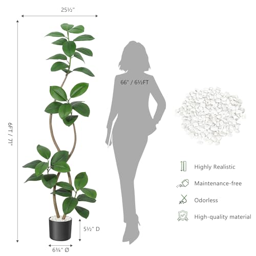 GarveeHome 6FT Artificial Plants Rubber Tree with Black Resin Pot& White Stone Faux Fiddle Leaf Fig Tree Indoor Artificial Trees Tall Plant Fake Tree Tropical Large Floor Tree Real Touch for Home Deco
