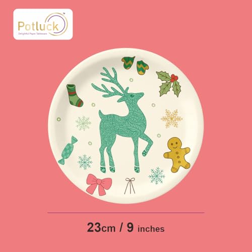 Image of Potluck Festive Celebrations Disposable Paper Plates | Pack of 10 | 9 Inch Food Grade Plates for Parties, Events, Snacks, Christmas, Birthday, Animal Theme Party, Kids Party & Meal Serving Pack