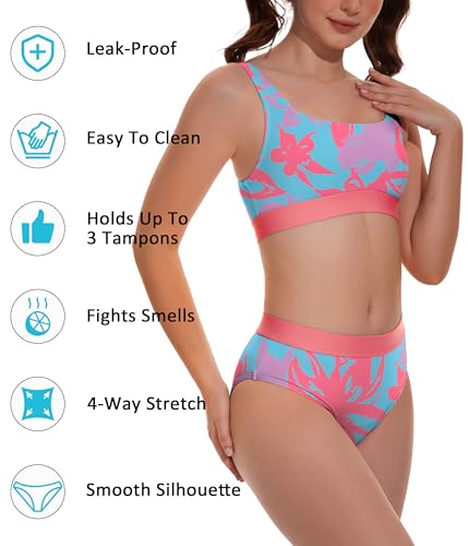Image of Beautikini Period Swimwear Two Piece Menstrual Leakproof Swimsuit Bikini Sets Mid Waist Print Bathing Suit for Women