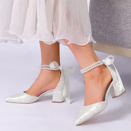 Image of Block Heel Wedding Shoes for Bride Pointed Toe Pearl Wedding Heels Bridal Shoes