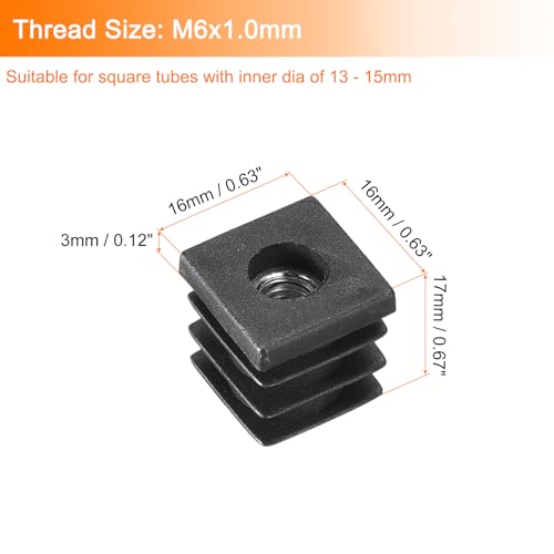 Image of uxcell 6Pcs Inserts for Square Tubes with M6-1.0mm Thread, for 0.63 inchx0.63 inch OD Square Tube, Black Plastic Plug Caster Insert Chair End Caps Furniture