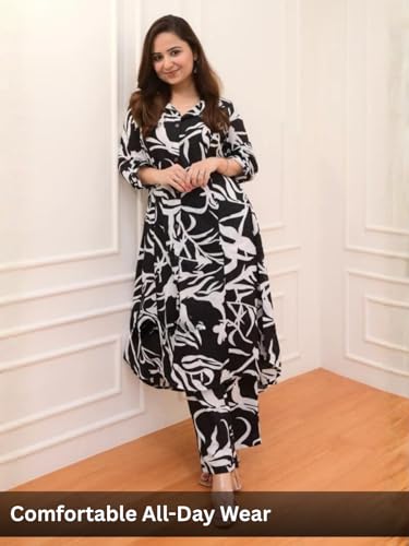 Image of Leriya Fashion Women's Cotton Printed A-Line Kurti Pant Set | Abstract Leaf & Floral Kurta with Trouser Pant | Casual Ethnic Co-ord Set for Women Stylish | Elegant Anarkali Style Tunic Kurta Set