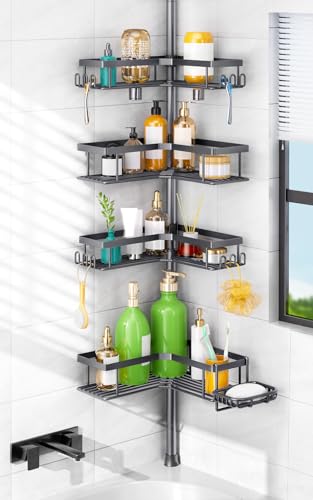 Image of HAMITOR Corner Shower Caddy, 4-Tier Shampoo Shelf Tension Pole, 47-123 inch | Rustproof Bathroom Storage with Soap Holder, No-Drill, Adjustable, Space-Saving Bathtub Organizer For Family, Renters Gray