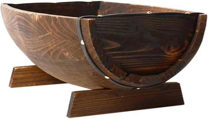 HANABASS Half Barrel Planters Rustic Wine Barrel Boat Shelf Tall Planters Wood Flower Pot Fall Porch Decor Half Planting Pots for Outdoor Plants Wooden Coffee