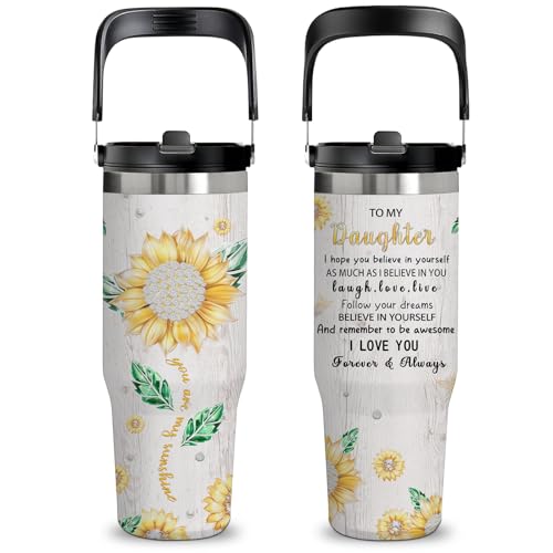 xiiai 30oz Diamond Sunflower Tumbler - Stylish Floral Water Bottle with Handle & Flip Straw, Inspirational Sunflower Gifts for Women, Daughter, Girl, Leakproof Travel Cup for Work, Gym & Daily Use