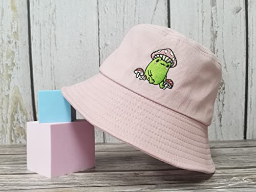 Cottagecore Frog With Mushroom Hat Embroidered Bucket Hat For Women Girl, Dusty Pink Outdoor Summer Travel Beach Sun Hat Embroidery Fisherman Cap #TOP1