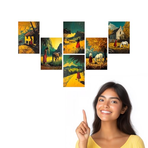 Image of SiddArtify Vintage Landscape Wall Art Prints Set - Woman and Horse Poster Decor for Living Room Bedroom Office - Set of 2-4x6 Inch - Board (Pack of 6) - Sticker (Pack of 6)