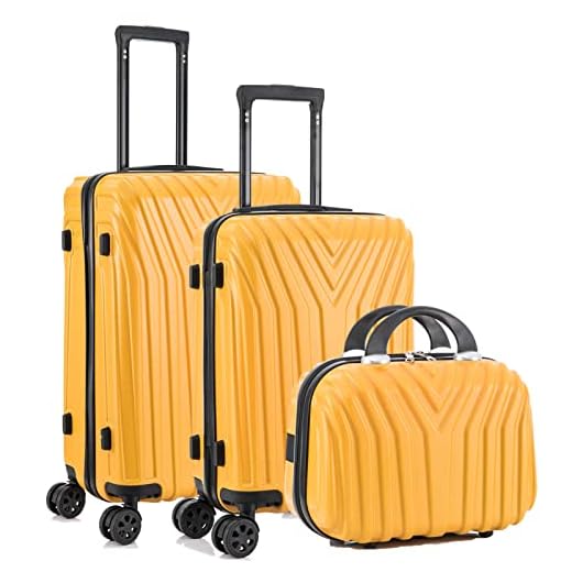 Juego de Maletas x3, Equipaje de Viaje Mediano (66x42x25cm) + Valija Cabina de Mano (55x37x20cm) + Neceser Rígido, Material ABS+PC, Ruedas Silenciosas 360º Giratorias (Amarillo)
