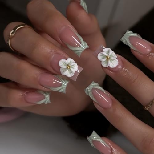 24Pcs Flower Press on Nails Medium Square Fake Nails 3D Floral Wa...