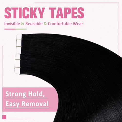Image of YoungSee 28 Inch Tape in Hair Extensions Human Hair Black Tape in Extensions Real Human Hair Black Girl Tape ins Human Hair Extension for Long Hair 50g 20pcs