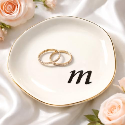 TIGYGY Initial Ring Dish - White Ceramic Jewelry Tray for Nightstand & Sink, Anti-Loss Trinket Organizer, Meaningful Engagement or Birthday Gift for Women, Sister, Friends (Letter M)