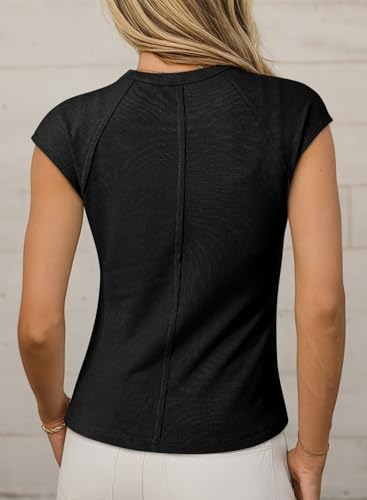 Sidefeel Womens Tops Casual Crewneck Cap Sleeve Tops Ribbed Raw Hem Summer T Shirts Slim Fit Basic Tees Blouses2