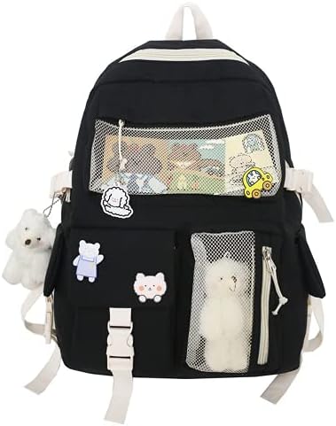 HUAFOOK Kawaii Backpack with Kawaii Pin Cute Accessories ?Kawaii Girl Backpack Cute Backpack Cute Aesthetic Backpack for School (black,One size)