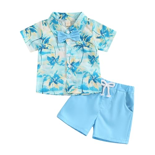 HodJIU Ropa de Verano Hawaiano Bebé Niño Conjunto Pantalones Cortos y Camisa Manga Corta con Lazo Mariposa 2 Piezas, Azul Tropical, 2-3 Años