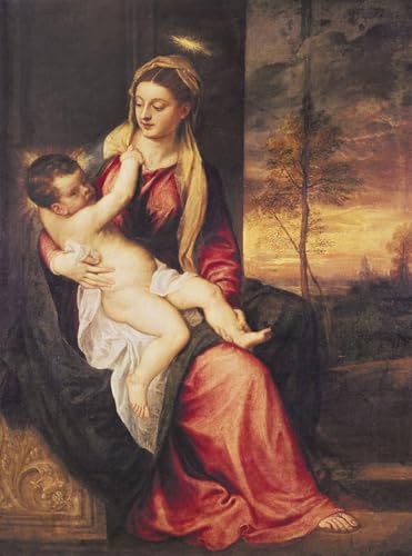 Tableau moderne Vierge à l'enfant au coucher du soleil de Tiziano Vecelli prestige