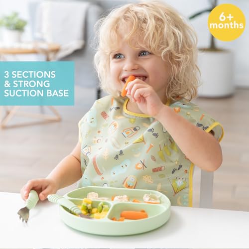 image for Bumkins Toddler and Baby Suction Plate, Silicone Divided Grip Dish for
