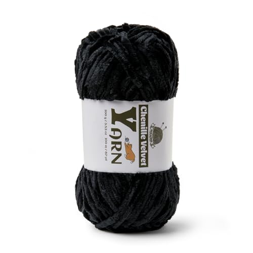Image of Plush Chenille Chunky Yarn - Fluffy Velvet Yarns Crochet for Blanket Knitting and Crocheting - Soft Baby Yarn for Crocheting - Amigurumi Crochet Yarns 100g (87yds) (Black)