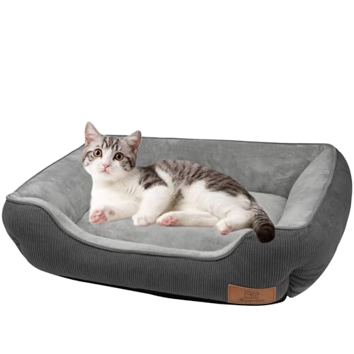 OYANTEN 猫 ベッド クッション 犬 ベッド - 四角 ふわふわ 洗える もふもふ 滑り止め もこもこ 通年 ソファ 噛み耐性 ぐっすり眠る キャット ドッグ 高反発 犬用 猫用 ペット用品 暖かい 秋 冬 超小型犬 猫 子犬用 子猫用(45Lx 35W x13Hcm S グレー)