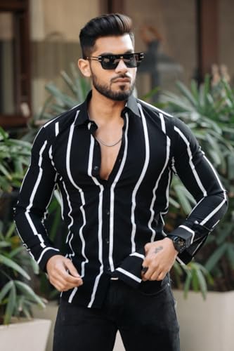 Image of MiraMichi Men's Striped Slim Fit Lycra Shirt | Full Sleeve Stretchable Shirt | Trendy Black and White Vertical Stripes for Casual