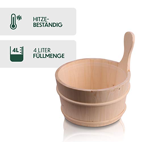 CozyNature® Sauna Eimer mit Kelle aus hochwertigem finnischen Kiefern-Holz | Sauna Zubehör, Saunakübel, Aufgusseimer | Kunstoffaufsatz inklusive - 4 Liter (Sauna Eimer + Kelle + Kunststoffaufsatz)
