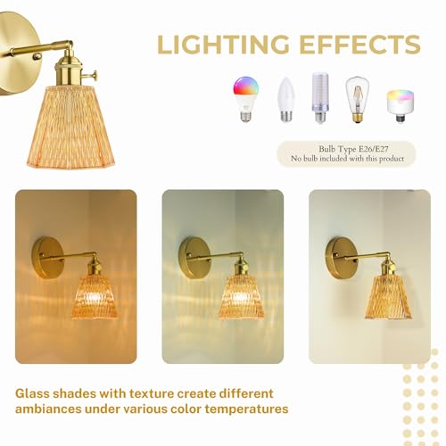 Image of Pensar Vintage Wall Sconce with Amber-Tone Textured Glass, Adjustable Brass Arm and Gold Finish Base, Warm Ambient Glow for Bedroom, Hallway, Living Room, or Cozy Corners