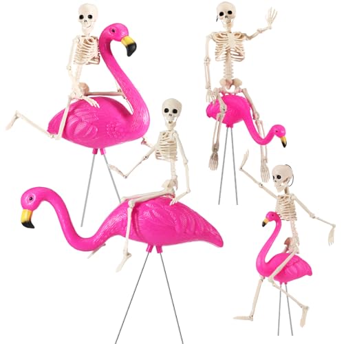 Simgoing 8 Pcs Halloween Skeleton Flamingo Decoration Outdoor Yard Ornament 15.7 Plastic Skeleton Decor with Posable Legs Flamingo Statue Decor for Yard Garden Lawn(Pink M Classic)