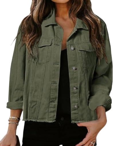 GenericWomen's Jean Jacket Frayed Washed Button Up Cropped Denim Jacket With Pockets