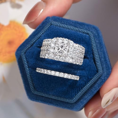 Wuziwen 4Ct Vintage Wedding Ring Set for Women Cubic Zirconia 925 Sterling Silver Princess Halo Cluster Bridal Engagement Rings for Her4