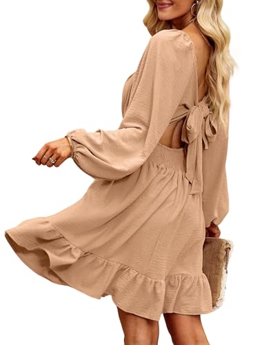 Image of Dokotoo Womens Dress Long Lantern Sleeve Square Neck Tie Backless Sexy Dress Ruffle Elastic Waist A-Line Mini Dress