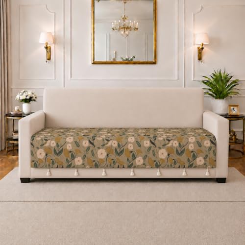 Image of STITCHNEST 'Eden Weaves Collection Series' 1 Seater Sofa Cover|Elegant Woven Fabric, Decorative Tassels, Washable & Durable for Modern Living