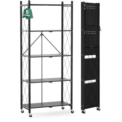 ALANNG Klappregal mit Rädern - Standregal mit 5 Ablagen, Bücherregal aus Metall - Montagefrei & Stabil - Für Küche, Wohnzimmer, Keller, Büro - Schwarz