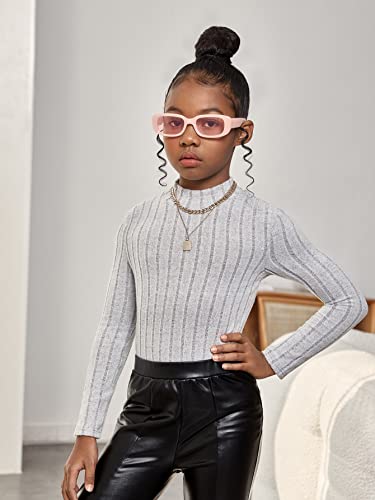 Image of SHENHE Girl's Ribbed Knit Mock Neck Long Sleeve Fitted Basic Knitwear Tee Top Light Grey 8Y