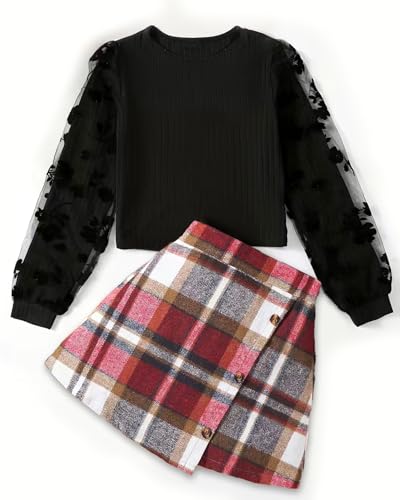 Image of 2 Pcs Girls Skirt Sets Long Sleeve Rib Knit Shirt Tops & Short Mini Skirts Set Outfits