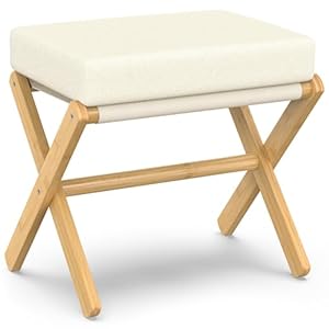 Foldable Foot Stool Ottoman, Modern Foot Rest with Bamboo X Legs & Thick Foam Cushion, Folding Foot Stools Small Padded for Bedroom Living Room, Makeup Vanity Stool Chair (Natural – Beige)