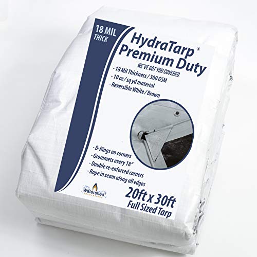 Watershed Innovations HydraTarp 20 Ft. X 30 Ft. Premium Heavy Duty Waterproof Tarp - 18mil Thick - White/Brown Reversible Tarp with D-Rings