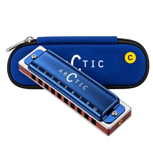 Image of ARCTIC C Key 10-Hole 20-Tone Premium Harmonica With Case & Cloth - Blue | Excellent Airtightness, Smooth Airflow, Easy Playability, Bright Clear Tone, ABS Comb, Brass Reeds, Beginner Friendly