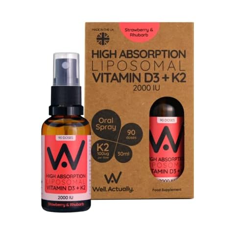 Liposomal Vitamin D3 2000IU's + K2 100mcg Oral Spray - Strawberry & Rhubarb Flavour - 180 Sprays - Vegan - UK - Made by Well.Actually Cover